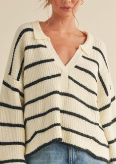 This Cozy Striped Collar Sweater is designed with comfort in mind. It features a super soft collard v neck, made of cozy fabric and striped detailing for a stylish look. Perfect for when casual sophistication is the goal. -?? 72% ACRYLIC 25% NYLON 3% SPANDEX White Jumper, Collar Sweater, Horizontal Stripes, Outfit Combinations, Cozy Fashion, Fall Winter Outfits, Jumpers For Women, Black Sweaters, Everyday Outfits