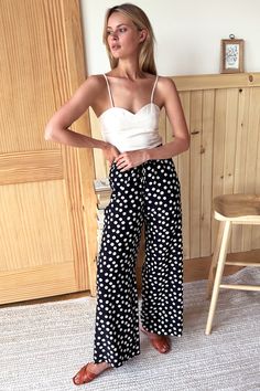 Sharon Pants - Painterly Dots Black + Ivory - Emerson Fry Emerson Fry, Drawstring Waist, Wide Leg, Dots, Elastic, Pants, Black, Trousers