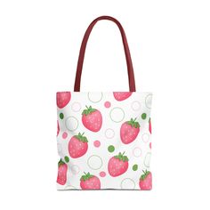 Introducing our adorably chic tote bag! Perfect for adding a pop of fruity fun to your daily style, this tote features a delightful pink strawberry design. Carry your essentials with a playful twist with our Pink Strawberry Bubbles Tote Bag. Available in 3 sizes to add both functionality and style, these tote bags come with multiple handle colors to match your designs. Made with spun polyester, these bags feature double-stitched seams, cotton webbing straps, and nonwoven laminate lining for high Playful Pink Large Capacity Bags, Playful Large Capacity Pink Bags, Pink Casual Bag For Gift, Pink Casual Bag For Gifts, Playful Pink Bag For Daily Use, Casual Pink Bag For Gift, Casual Pink Bag For Gifts, Casual Pink Bag As A Gift, Casual Pink Shoulder Bag As Gift