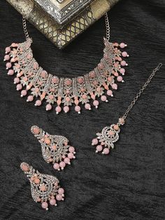 Rose Gold Alloy Necklace For Wedding, Rose Gold Alloy Necklaces For Wedding, Rose Gold Alloy Wedding Necklace, Elegant Pink Alloy Necklace, Silver Beaded Alloy Jewelry, Pink Alloy Necklace For Party, Pink Alloy Party Necklace, Silver Rose Design Jewelry For Wedding, Silver Beaded Alloy Necklaces