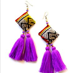 Handmade, Fun, Long, Statement Fashion Tassel Earrings. Embroidered Details In 100% Cotton Fabric. Bohemian Flare. Threaded With Intricate Details Artisanal, Lead And Nickel Free. Like New Excellent Condition. They Make Perfect Gifts Or Personal Use. Unworn. Make An Offer. Perfect For Bundle With My Other Listings. Thank You So Much. Tassels Are Solid Purple. Beads In Purple And Gold Plated Color Combo. Textured Pillow Squares In Patterned Multi Colors. Details: 4’ Inches Drop, Lightweight Handm Multicolor Embroidered Bohemian Earrings, Multicolor Handwoven Tassel Earrings Gift, Handwoven Multicolor Tassel Earrings Gift, Traditional Handmade Multicolor Tassel Earrings, Traditional Multicolor Fringe Earrings, Artisan Tassel Earrings For Festival, Traditional Multicolor Tassel Earrings With Latkans, Traditional Handmade Tassel Earrings For Festival, Traditional Fringe Earrings