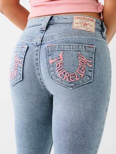 JENNIE EMBROIDERED SKINNY JEAN Jeans With Cross On The Back, Low Rise True Religion Jeans, Jeans With Writing On Them, Ksubi Jeans Women, Applique On Denim, True Religion Jeans Pink Stitching, Scorpio Jeans, Pink True Religion Jeans, Must Haves For Women