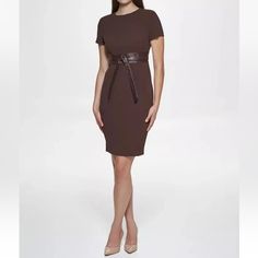 Calvin Klein Brown Solid Faux-Leather Tie-Waist Sheath Dress Womens Size 10 Brown Details & Care Accented With A Faux-Leather Waistband, This Solid Sheath Dress From Calvin Klein Adds A Pop Of Style To Your Wardrobe. Stretchy And Supportive Exposed Back Zipper Jewel Neckline; Sheath Silhouette Imported Unlined Shell: Polyester/Spandex; Belt: Polyurethane; Back: Polyester Dry Clean Faux-Leather Waistband Approximate Measurements Flat: Pit To Pit: 17” Length: 38” New Without Tags Condition. Tags: Jewel Neck Dress, Jewel Neckline, Belted Shorts, Round Neck Dresses, Short Sleeve Pattern, Calvin Klein Women, Review Dresses, Calvin Klein Woman, Calvin Klein Dress