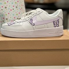 These Are Custom Purple Butterfly Air Force 1 Nikes That Have Never Been Worn. There Is Nothing Wrong With Them, We Just Ordered Them In The Wrong Size. Nike Shoes Custom, Shoes Custom, Purple Butterfly, Air Force 1, Nike Air Force, Color Purple, Womens Shoes Sneakers, Air Force, Nike Shoes