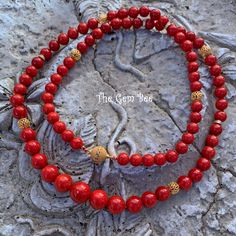 DESCRIPTION: Thank you for coming in! Beautiful rare Mediterranean Sardinia Coral with OX blood red color and sphere shape! The color is directly from the ocean, not dyed! 100% natural beauty! 28 inch necklace with 18k solid gold diamond spacers and clasp! Manufactured in Italy! 327 carats! You'll get the necklace you see! SIZE of the coral : Appr.7.5mm-11.5mm COLOR: OX Blood Red GRADE: AA Luxury Red Coral Necklaces, Luxury Red Coral Necklace, Red Coral Jewelry With 8mm Beads, Luxury Red Necklace With Polished Beads, Red Polished Beads Necklace For Meditation, Red 8mm Beads Jewelry For Meditation, Red Necklaces With Round Beads For Meditation, Elegant Hand-strung Red Beaded Necklaces, Elegant Red Hand-strung Beaded Necklaces