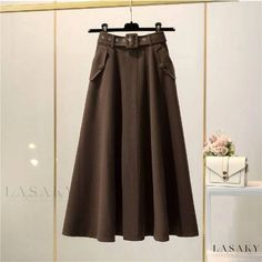 Lasaky - Elegant Maxi Skirt with Unique Design, Half-length Faux Fur Skirt with Pockets and Umbrella-shaped Hem Winter Wide-leg Solid Color Skirt, Winter Wide Leg Solid Color Skirt, High Waist Solid Color Maxi Skirt For Fall, Belted Skirt For Fall, Non-stretch A-line Fall Skirt, Fall Belted Flared Skirt, Fall Brown Belted Skirt, Winter A-line Solid Color Bottoms, Fall Flared Skirt Bottoms With Belt