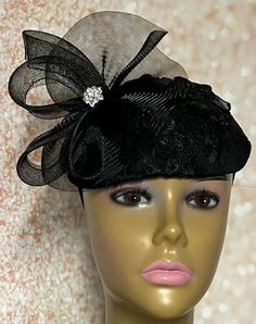 Black lace flower hat base. Trimmed with bows and rhinestones. Who said black hats had to be boring? Perfect for church functions and special occasions, such as weddings. The hat is affixed to the head via a hat string. The hat measures 10x7 inches. Handmade Gifts for mom, sister, wife, or yourself. SHIPPING  All items for free shipping will be shipped via USPS FIRST CLASS MAIL. Black Gatsby Style Fascinator For Evening, Black Gatsby Fascinator For Evening, Black Cloche Costume Hat For Wedding, Black Cloche Wedding Hats And Headpieces, Black Cloche Wedding Hat, Black Cloche Fascinator For Party, Black Hat-style Headpieces For Wedding, Black Hat Headpiece For Wedding, Black Hat Style Headpieces For Wedding