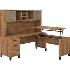 an office desk with two drawers and a hutch