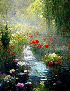 an oil painting of flowers and water in a garden with sunlight coming through the trees