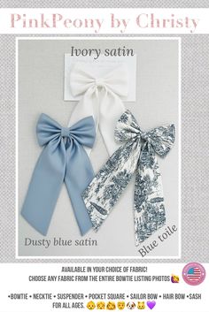 ❤️You can choose almost any fabric from my entire bow tie listing photos. Simply SPECIFY your FABRIC CHOICE at PERSONALIZATION during checkout. (Except the ones marked as 'LOW IN STOCK') I'll contact you if there's any issues on your fabric choice once you place your order.  ❤️This listing is for 1 sailor bow in the fabric of your choice!  Medium Sailor bow size including tails: approx. 4.5" x 5.5" Large Sailor bow size including tails: approx. 5" x 10.5"  Please order 🎨FABRIC SWATCHES first be Sailor Bow, Custom Bows, Pre Tied Bow Tie, Wedding Order, Matching Cards, Handmade Gift Wrap, Large Bow, Fabric Swatches, Birthday Presents