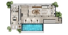 the floor plan of a house with swimming pool