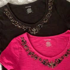 Bundle Of Two St.John's Size Med Beaded T Shirts. Black And Hot Pink. Never Worn. Both Measure 19” From Side To Side At Arm Pits. 100% Cotton. Excellent Condition Casual Pink Embellished Tops, Casual Pink Tops With Rhinestones, Pink Embellished V-neck Top, Arm Pits, Black And Hot Pink, Black Hot Pink, Shirts Black, Hot Pink, Black Pink