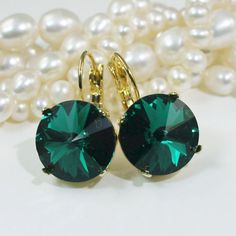 Emerald Earrings Green Crystal Drop Gold by TIMATIBO on Etsy Classic Green Earrings For Party, Emerald Round Earrings For Party, Round Emerald Earrings For Party, Green Emerald Crystal Earrings For Formal Occasions, Green Round Crystal Earrings For Formal Occasions, Green Crystal Earrings For May Birthstone Anniversary, Formal Green Emerald Crystal Earrings, Green Crystal Wedding Earrings With Ear Wire, Green Round Crystal Earrings For Wedding