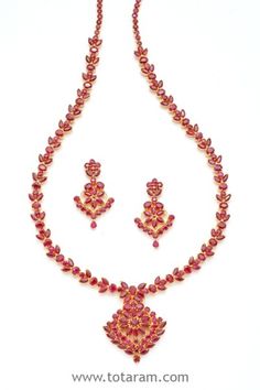 22 Karat Gold Rubies Necklace & Drop Earrings Set - 235-SET252 in 64.000 Grams Rubies Necklace, Gold Ruby Necklace, Indian Bridal Jewelry, Gold Necklace Indian, Gold Necklace Indian Bridal Jewelry, Necklace Indian, Gold Designs, Ruby Necklace, Necklace Long