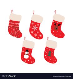 six christmas stockings with snowflakes and reindeer heads hanging from the top, on white background