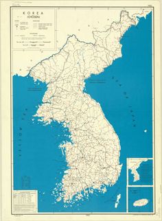 a large map of the country of korea with roads and major cities in blue water