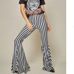 Bring Out Your Inner Beetlejuice! Brand New Sz Small Retro Striped Hippie Flare Pants Non-stretch Black Retro Bottoms, Trendy Striped Flare Bottoms, Trendy Striped Flare Pants, Casual Striped Flare Bottoms, Trendy High Waist Striped Pants, Striped Stretch Pants For Summer, Striped High-waisted Pants For Fall, Casual Flared Striped Bottoms, Trendy High-waist Striped Pants