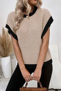 Batwing Sleeve Sweater, Beige Pullover, Batwing Top, Top Light, Beige Sweater, Short Sleeved Sweaters, Batwing Sleeve, Contrast Trim, Basic Style