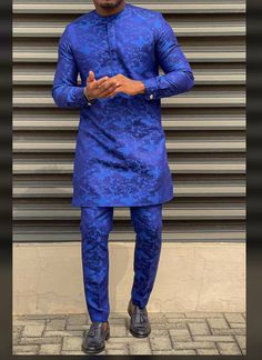 This extraordinary two-piece suits shows in blue design will look good on you       All our clothing is made to order, to fit your size.  We use only the best Cotton fabrics soft to touch and comfortable against your skin       We gladly accept custom order wedding orders as well as book order        Please contact us for custom orders of colours and sizes  Size information required for custom order is as follows Colour Chest dimension Sleeve/arm length Shirt length Around neck Trouser waist Trouser length waist to ankle Thighs Ankara Native For Men, Formal Fitted Long Sleeve Agbada, Formal Blue Long Sleeve Agbada, Fitted Ankara Fabric Sets For Wedding, Elegant Blue Long Sleeve Agbada, African Shirts For Men Design, Nigerian Traditional Wear, Suits Show, Nigerian Outfits