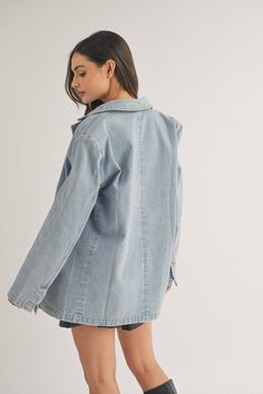 OVERSIZED DENIM BLAZER JACKET WITH FRONT FUNCTIONAL POCKETS Denim Blazer Jacket, Blazer Shirt, Denim Blazer, Lingerie Accessories, Blazer Jacket, Dress Skirt, Shirts Tops, Bag Accessories, Lingerie