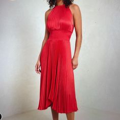 Stunning Red Midi Dress By Alc, Never Worn, Great Condition, Soft Fabric, Length 45”, Size 4. Red Midi, Pleated Midi Dress, Red Midi Dress, Soft Fabric, Soft Fabrics, Size 4, Midi Dress, Red, Fabric