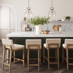 a kitchen with marble counter tops and bar stools next to an island in the middle