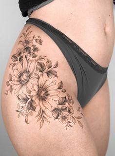 Women With Thigh Tattoos, Floral Hip Tattoo, Floral Thigh Tattoos, Flower Thigh Tattoos, Hip Thigh Tattoos, Hip Tattoos Women, Spine Tattoos For Women, Leg Tattoos Women, Thigh Tattoos