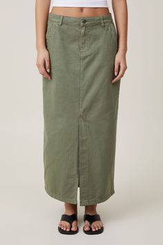 Ryder Utility Maxi Skirt Relaxed Cotton Midi Skirt, Cotton Cargo Skirt With Elastic Waistband For Summer, Cotton Midi Skirt With Pockets, Spring Cotton Maxi Skirt With Pockets, Cotton Maxi Skirt With Pockets For Spring, Green Cotton Casual Maxi Skirt, Full-length Denim Cotton Skirt For Summer, Full Length Cotton Denim Skirt For Summer, Full Length Denim Skirt For Summer