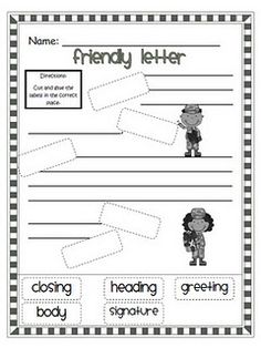 the friendly letter worksheet for children to practice their handwriting and writing skills, with pictures