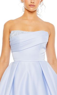 Pastel strapless a-line ball gown by Mac Duggal. Prom Event, Light Blue Prom Dress, Satin Ball Gown, Plastic Dress, Embellished Neckline, Prom Ball Gown, Unique Prom Dresses, Taffeta Dress, Perfect Prom Dress