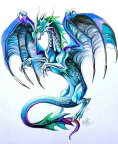 a drawing of a blue dragon sitting on top of a white surface with its wings spread out