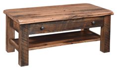 a wooden table with two drawers on one side and an open shelf on the other