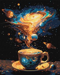 a painting of a coffee cup with planets in the background