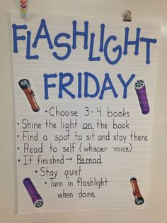 a sign that says flashlight friday on the front of a white board with blue writing