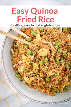 an easy quinoa fried rice recipe in a white bowl with chopsticks