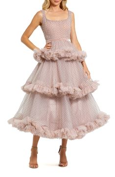 Be sweetly spotted in a party dress decked in rows of ruffles and frothed with frills. 48 1/2" length Hidden back-zip closure Square neck Sleeveless Lined 100% polyester Spot clean Imported Asian & Pacific Islander Owned/Founded Luxury Tiered Ruffled Midi Dress, Smocked Ruffle Dress For Party, Mini Length, Pink Ruffled Mini Length Tiered Dress, Elegant Mini-length Tiered Dress With Ruffle Hem, Chic Tiered V-neck Dress With Ruffle Hem, Cocktail Midi Dress, Pacific Islander, Hairstyling Products, Rollerball Perfume