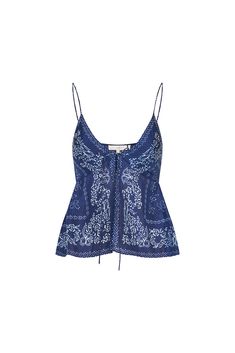 Meet the Tivelo Top, our must-have of the summer season. Designed from a lightweight, silk habotai fabric, this soft cami features a bandana-inspired print all over. With a peplum silhouette, the top forms a flattering fit with tiny spaghetti straps, a scoop neckline, and tie details at the center front. Pair with your favorite vintage denim or Ruffle Mini Skirt for a full look. Bandana Fashion Women, Fashion School Fits, Summer Cami Tops, Cute Vintage Tops, Mama Mia Clothes, Blue Printed Silk Tops, Summer Silk Printed Tops, Sleeveless Silk Tops For Beach, Fitted Bohemian Bandana Print Tops