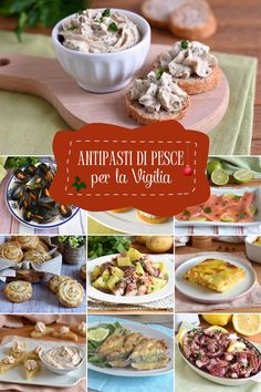 the collage shows different types of food on plates and in bowls, along with an orange tag that says antipasti di pici per la vigita