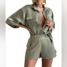 Chicme Women's Sage, Wide Sleeve, Button Down, Fitted Shorts Set Material: Polyester Color: Sage Finish: Button, Zip Fitted Shorts, Skirt Swimsuit, Two Piece Short Set, Swimsuit With Shorts, Casual Suit, Shorts Set, Woman Colour, Workout Shorts, Short Sets