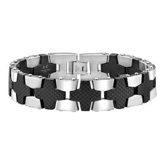 "Add a cool new element to your daily look with this stainless steel black carbon fiber bracelet. Add a cool new element to your daily look with this stainless steel black carbon fiber bracelet. Length: 8.5 in. Metal: stainless steel Finish: polished Packaging: boxed Additional details: black carbon fiber inlay Please note, due to the high value of this item, a signature may be required upon delivery. Size: 8.5"". Color: Multicolor. Gender: male. Age Group: adult." Carbon Black, Bracelet Clasps, Mens Jewelry Bracelet, Lynx, Daily Look, Chain Bracelet, Carbon Fiber, Jewelry Watches, Mens Jewelry