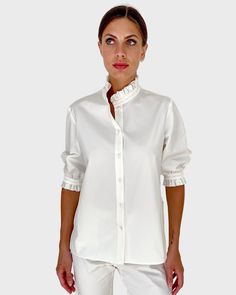 BEAUTIFUL 100% COTTON RUFFLE COLLAR SHIRT WITH BALLOON SLEEVE SHIRT IN WHITE. MADE IN LAKE COMO ITALY. Ruffle Collar Shirt, Balloon Sleeve Shirt, Beach Boutique, Lake Como Italy, Cashmere Poncho, Como Italy, Lace Jacket, Scarf Poncho, Ruffle Collar