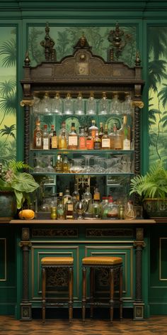 an old fashioned bar with lots of bottles on it