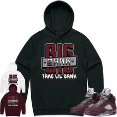 Burgundy Big Bank : Sneaker Hoodie to Match the Jordan 5 Burgundy 5s. Sneaker Hoodie made by Kuzzo Clothing on a 8.5 oz Midweight Cotton hoodie that fits true to size. WASHING: Machine wash this hoodie inside out with cold water. DRYING: Hang Dry. If you must use a dryer keep the hoodie inside out and dry with low heat. This item is made on demand and ships out in 2-5 business day.  If this hoodie is ordered with any products that are made on demand it will hold up the shipment as on demand item takes longer to ship. It will ship out together in 1 package if the items are shipping out from the same warehouse. We do not accept returns or exchanges on this hoodie. Please make sure you are ordering the right item/right size before completing your purchase. Throwback Long Sleeve Hoodie For Fall, Throwback Streetwear Hoodie For Fall, Fall Streetwear Throwback Hoodie, Throwback College Hoodie For Fall, Throwback Fall Hoodie For College, Throwback Hoodie With Drawstring For Fall, Burgundy 5s, Grinch Shoes, Sneaker Tee