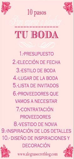 a pink poster with the words 10 pasos tu boda in spanish and english