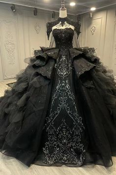 Elegant Black Gothic Ball Gown - Exquisite Off-Shoulder Beaded Evening – Larosabride Gothic Ball Gown, Elegant Cape, Dark Wedding Theme, Black Wedding Gowns, True Bride, Pretty Quinceanera Dresses, Detachable Train, Dark Wedding, Fantasy Gowns