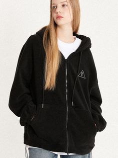 It is a comfy and cozy hooded zip up jacket. The jacket is made of micro fleece fabric bonded with boa fleece fabric. The boa fleece inside keeps warmth in winter. These are basic items that are good to match with various items. Recommend having this as a versatile casual item.  - Graphic logo patch on front- Drop shoulder silhouette- Oversized fit- Daily and unisex item Hooded Fleece Jacket With Detachable Hood, Fleece Jacket With Detachable Hood, Black Fleece-lined Hooded Jacket, Black Cozy Hooded Jacket With Fleece Lining, Hooded Fleece Jacket With Zipper, Hooded Fleece Jacket With Zipper Closure, Black Fleece Jacket With Adjustable Hood For Winter, Cozy Black Fleece Hooded Jacket, Cozy Black Hooded Jacket With Drawstring