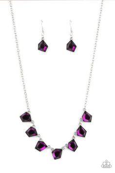 Featuring a flashy faceted finish, imperfect purple gems delicately link below the collar for an edgy pop of glitzy iridescence. Features an adjustable clasp closure.

Sold as one individual necklace. Includes one pair of matching earrings. Purple Gems, Purple Necklace, Gem Necklace, Purple Rhinestone, Geometric Necklace, Paparazzi Accessories, Necklace Online, Paparazzi Jewelry, Short Necklace