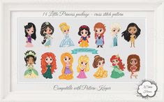 the disney princesses cross stitch pattern is displayed in a white frame with an ornate border