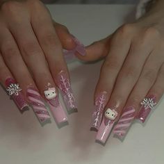 Nail Ideas Hello Kitty Christmas, Hello Kitty Christmas Nail Art, Winter Acrylics Nails, Long Acrylic Nails Designs Ideas Winter, Nails Christmas Hello Kitty, Hello Kitty Christmas Nails Acrylic, Winter Sanrio Nails, Hello Kitty Holiday Nails, Christmas Baddie Nails Acrylic