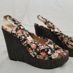 Nwot Never Worn Peep Toe Wedges! Black Espadrilles Wedged Has A Slight Sparkle With Pink Floral Pattern. Knotted Above Peep Toe. No Shoe Box Casual Wedge Heel Platform Heels, Black Fabric Heels For Summer, Fabric Open Toe Wedge Sandals With Platform, Casual Floral Print Wedge Heel Sandals, Casual Floral Print Wedge Sandals, Black Fabric Sandals For Spring, Casual Wedge Sandals With Floral Print, High Heel Fabric Wedge Sandals With Platform, Vintage Black Sandals For Spring